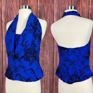 Vintage Y2k Andretta Donatello 100% Silk Halter Top Blue Beaded Size Medium